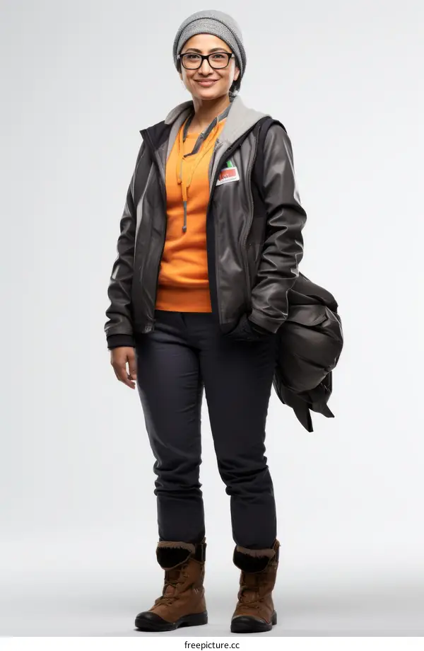 A smiling young woman wearing a brown beanie, glasses, an orange sweater, a black jacket, and brown boots.