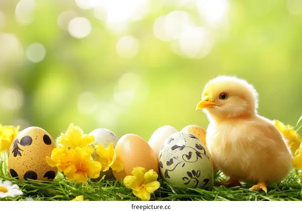 Cute Chick with Easter Eggs and Flowers