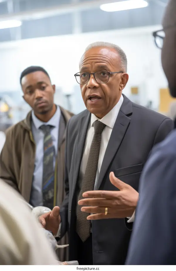 Black man in suit speaking with a group of people