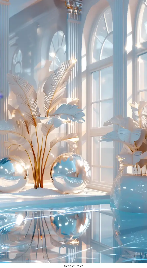Elegant White Interior Design Illustration with Plants and Balls