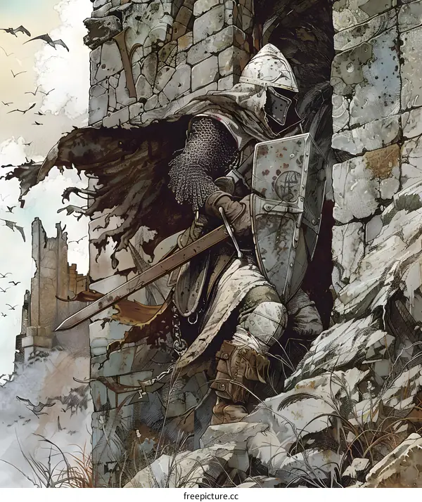 Fantasy Illustration of a Knight with a Sword and Shield Emerging from a Crumbling Stone Wall