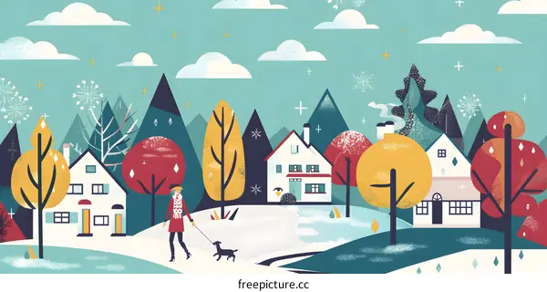 Winter Scene with Woman Walking Dog in Front of Village Houses