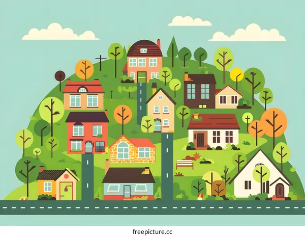 Cartoon Illustration of a Small Town with Houses, Trees, and a Road