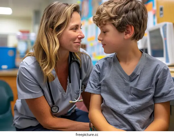 A female doctor is talking to a young boy in a hospital.