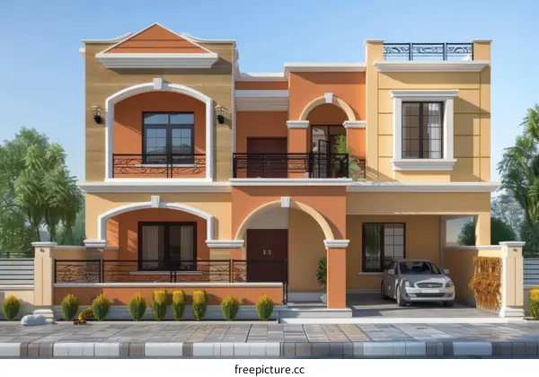 Multi-storied House Exterior Design with Orange and Beige Tones