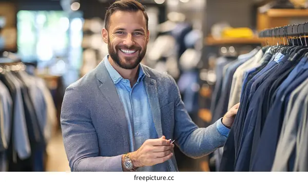 Smiling Caucasian Man Shopping for Clothes in a Clothing Store