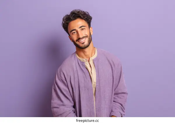 Smiling Man in Purple Traditional Clothing