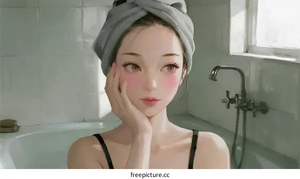 A young woman with towel turban in bathroom setting