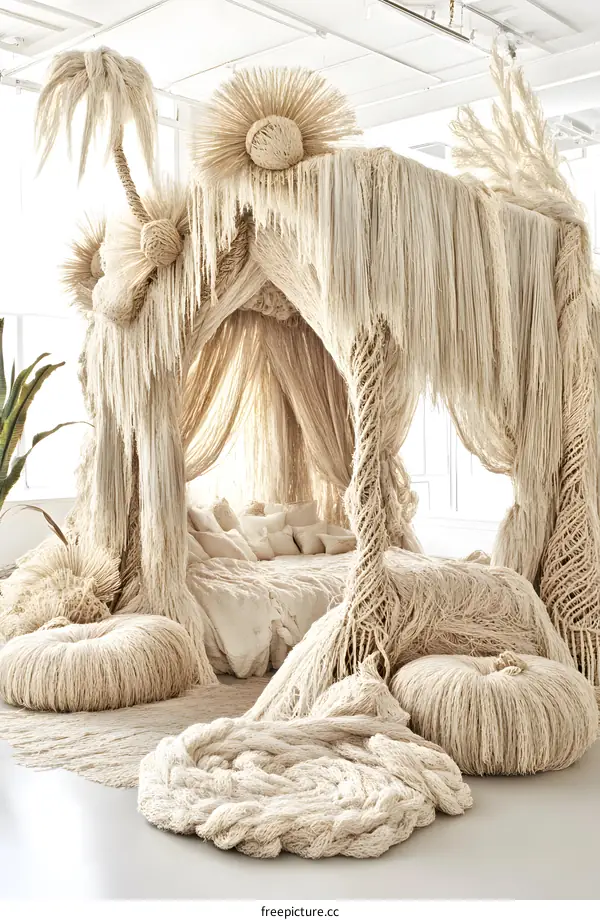 Woven Bed Canopy With Palm Tree Decorations