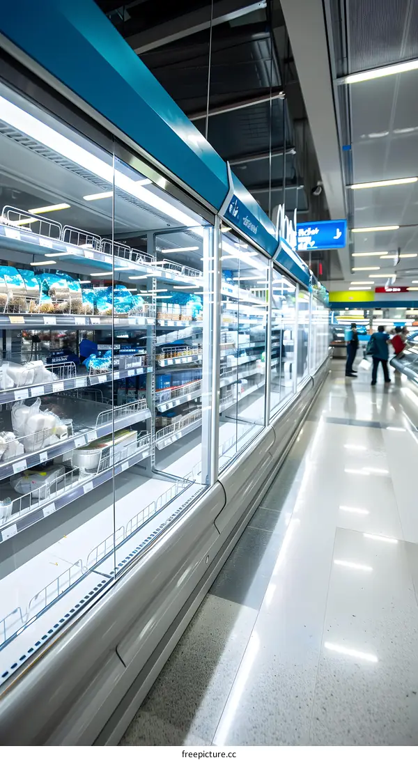 Refrigerated Display Case in Grocery Store with People