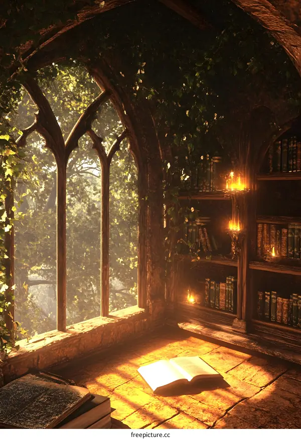 Sunlight Shining Through a Window in an Old Library