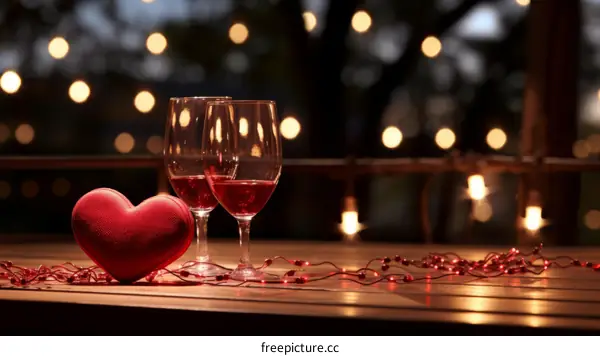 Two glasses of red wine with fairy lights in the background