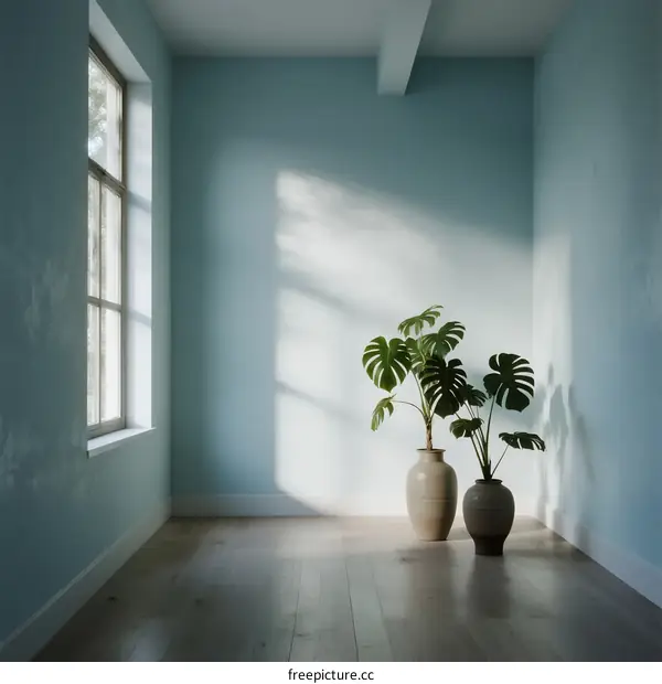 A Brightly Lit Room with Light Blue Walls and Indoor Plants