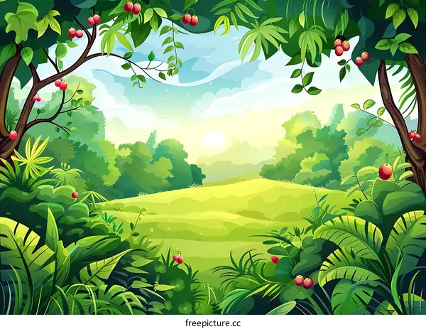 Green Forest Landscape With Sun In The Background