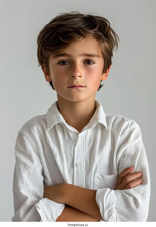 Portrait of a boy with freckles and brown hair