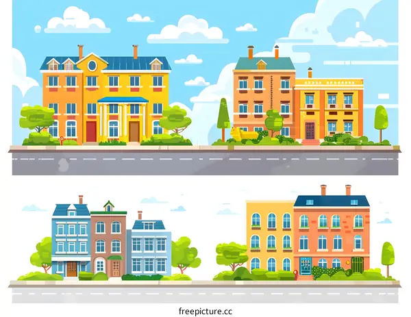 Cartoon Cityscape with Colorful Buildings and Trees