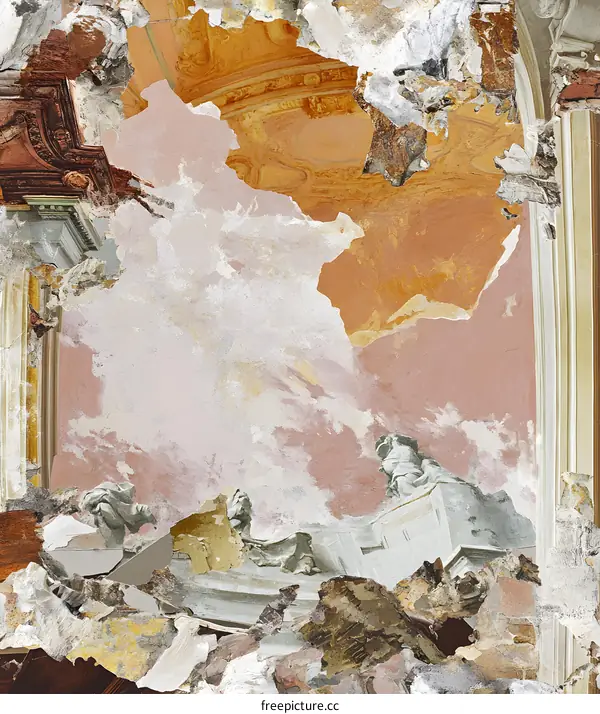 Damaged Ceiling Fresco with Figures and Clouds