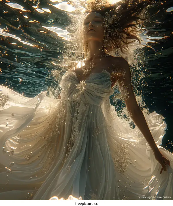 An ethereal vision of a woman in a white dress floating underwater