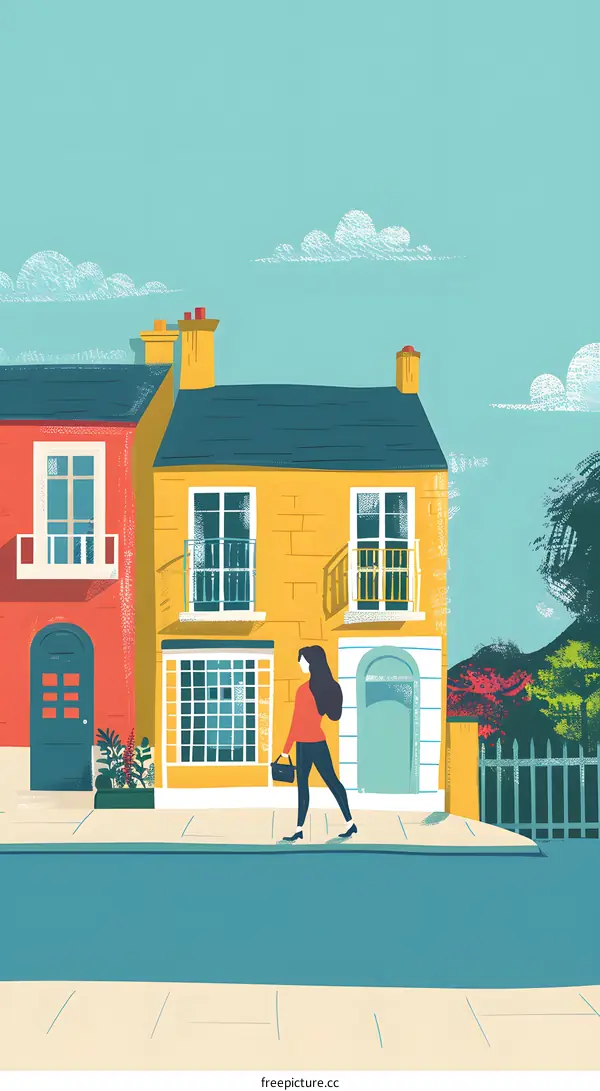 Woman Walking Past Colorful Houses Illustration