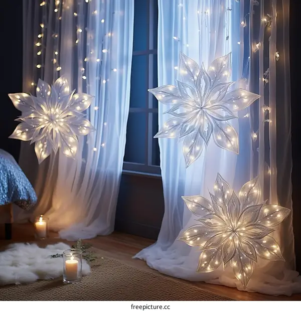 3D illustration of a bedroom decorated with snowflake-shaped lights
