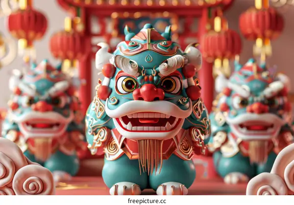 Cute Cartoon Lions Guarding Chinese Gate