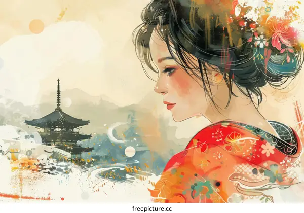 An illustration of a Japanese woman in a kimono with a traditional Japanese pagoda in the background