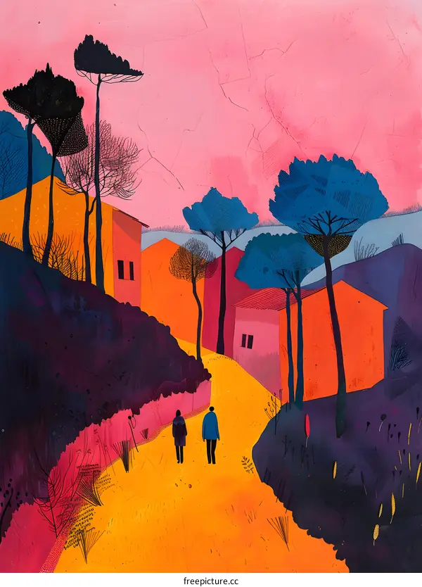 A couple walking down a path in a colorful village
