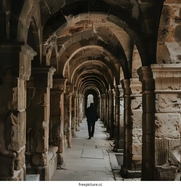 Man Walking Through Stone Archway