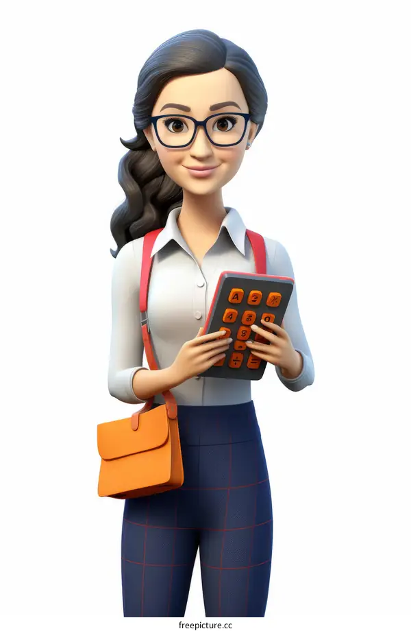 A businesswoman wearing glasses is using a calculator