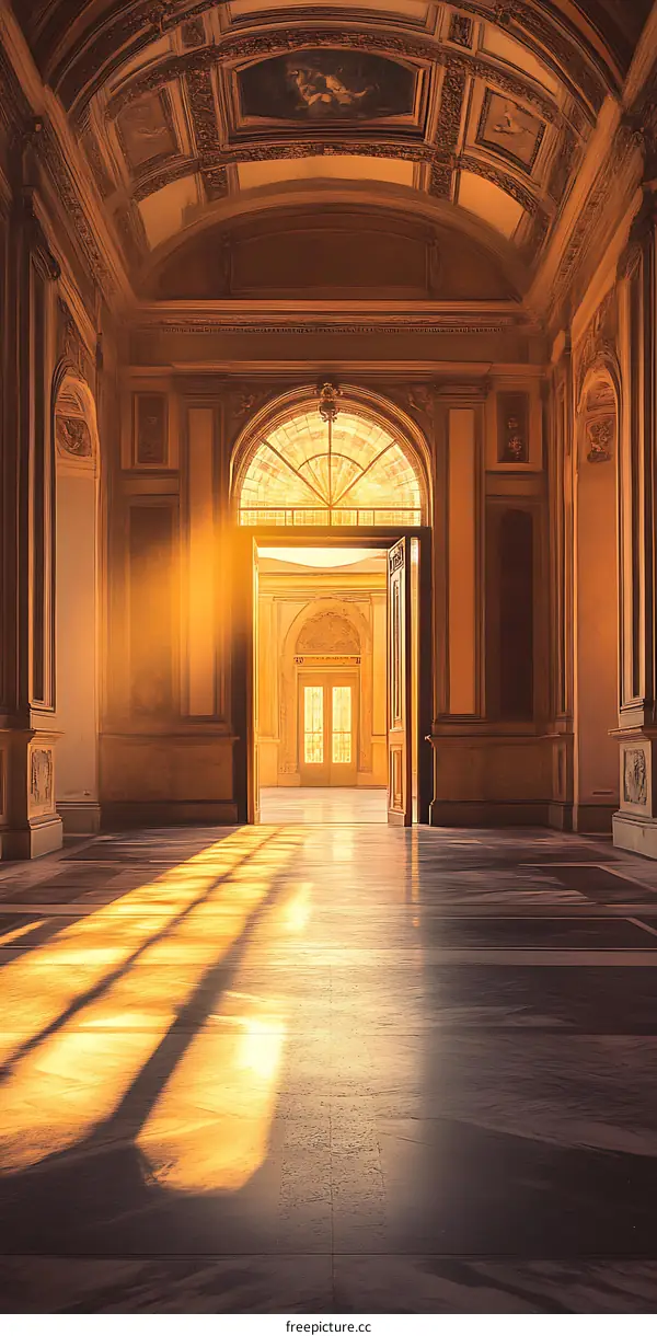 Sunlight Streaming Through Open Doors in an Ornate Hallway