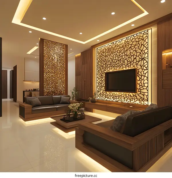 Modern Living Room Interior Design with Wooden Walls and Decorative Panels