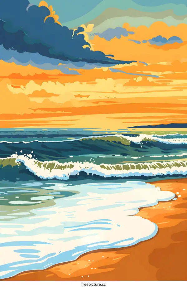 Beautiful Sunset Over Ocean Beach Waves