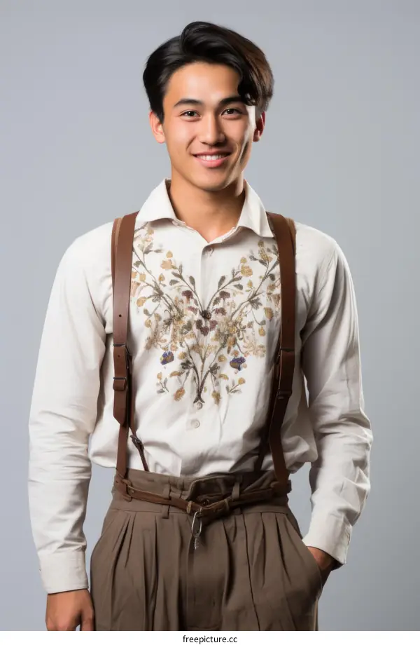 Portrait of a young Asian man wearing a vintage shirt and suspenders