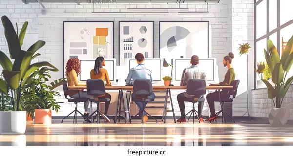 A group of diverse professionals working together in a modern office