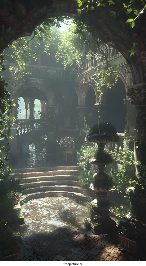 Stone Archway Garden Courtyard With Plants