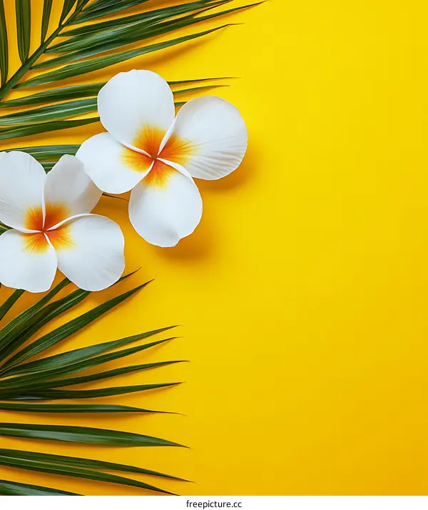 Tropical Flowers and Palm Leaf on Yellow Background