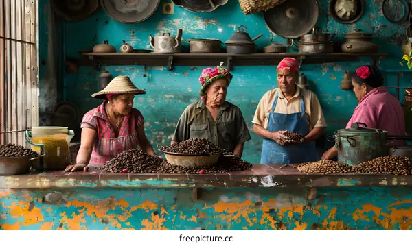 Mexican Market Sellers Sorting Coffee Beans