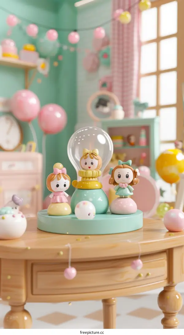 Three cute dolls on a table with a pink background