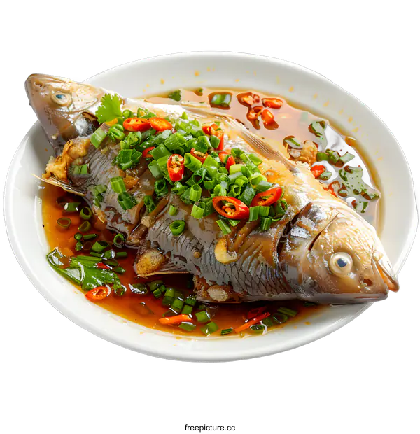 [Transparent Background PNG]Steamed Fish with Soy Sauce on a White Plate