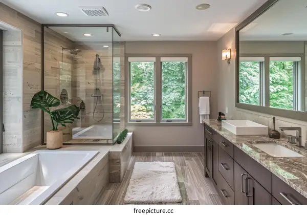 Modern Bathroom Interior Design with Shower, Bathtub, and Vanity