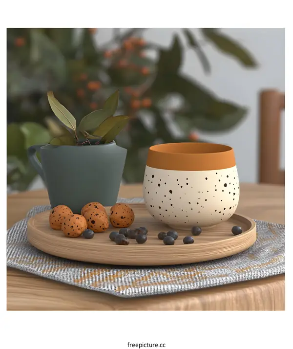 Ceramic Cup with Polka Dot Pattern on Wooden Table