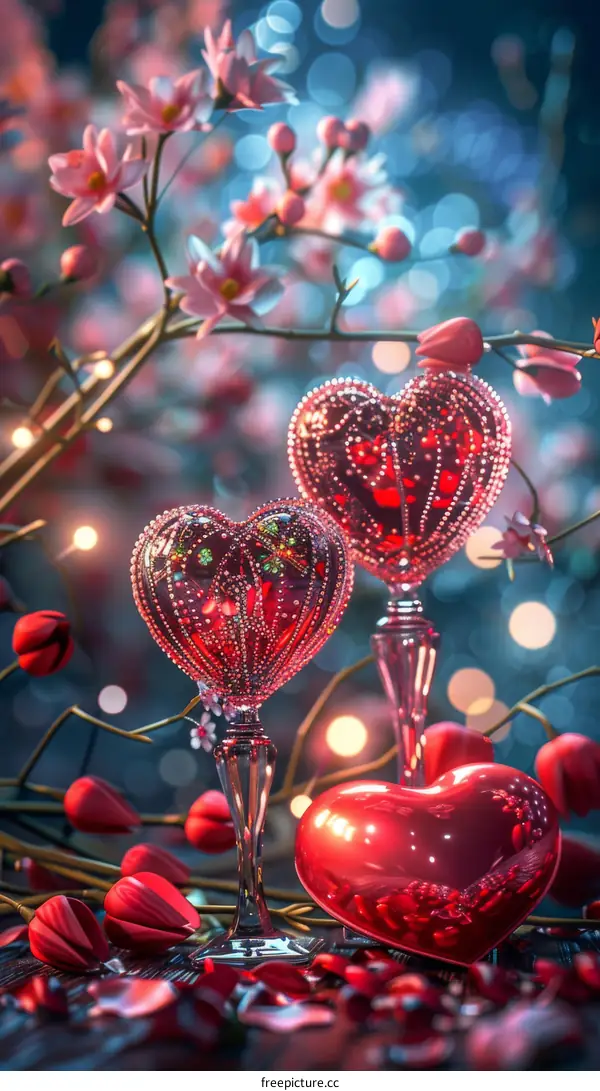 Heart-Shaped Crystal Wine Glasses with Flowers