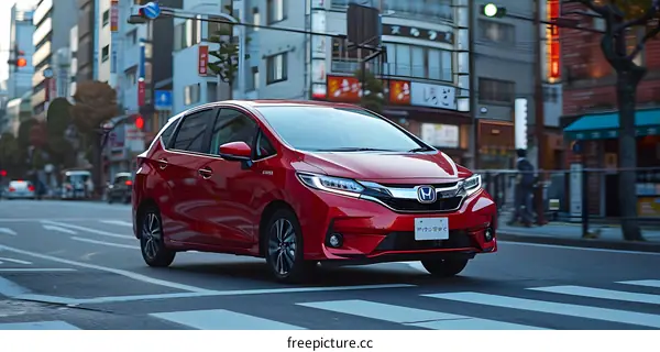 Red Honda Fit Driving on City Street