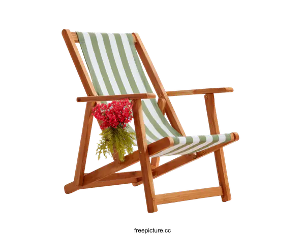 [Transparent Background PNG]Wooden Beach Chair with Striped Fabric and Flowers