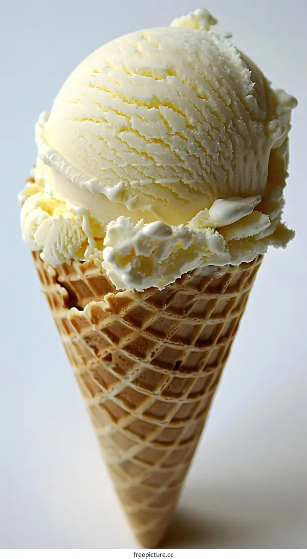 Close-up of vanilla ice cream in waffle cone