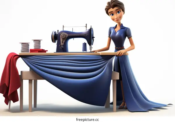 A seamstress works on a blue dress