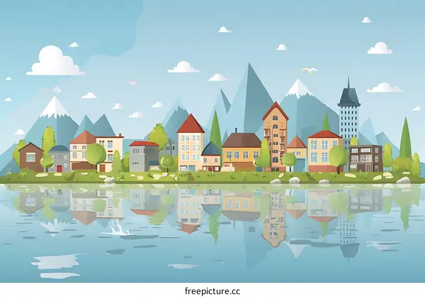 Waterfront Town Landscape With Mountains And Reflections