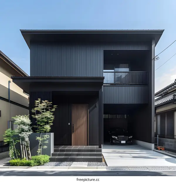 Modern Black Two Story House with Wooden Door