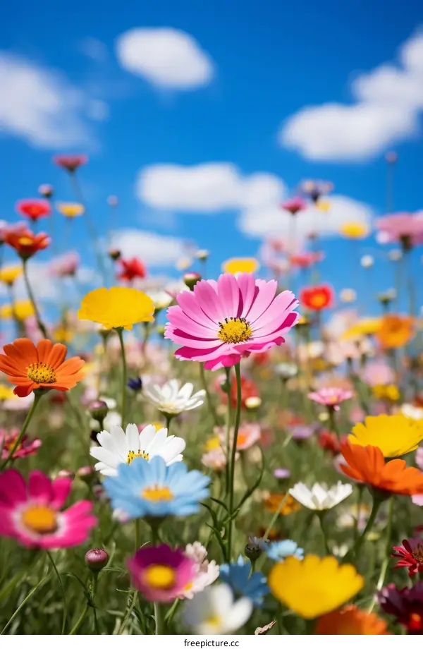 Field of colorful flowers under blue sky