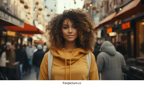Portrait of a young woman with curly hair smiling in a busy street